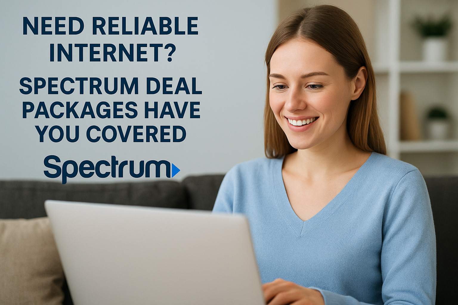 A young woman smiles while using a laptop at home, promoting Spectrum internet deal packages with the text “Need reliable internet? Spectrum deal packages have you covered” on the left side.